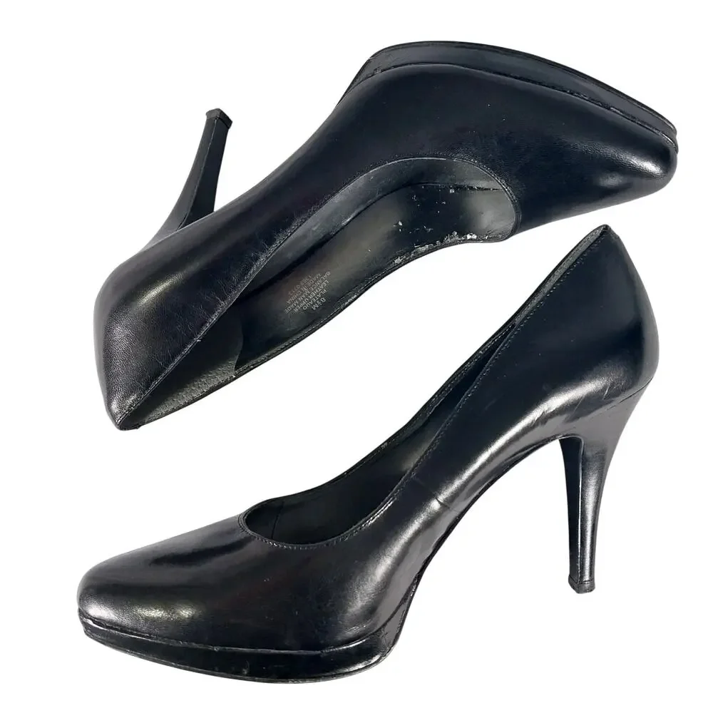 NINE WEST! GORGEOUS MINI PLATFORM CLASSIC BLACK SLIP-ON PUMPS, HEELS! SZ 8.5M